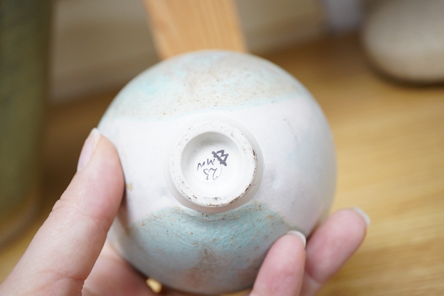 Mary White (1926-2013), a thinly-potted bowl with turquoise and pink glaze effects, monogrammed, 9cm diameter